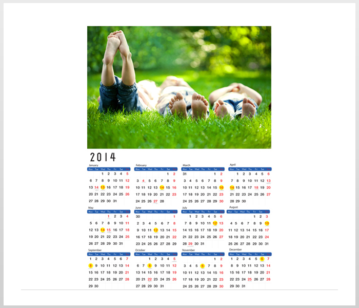 Single page calendar (12" x 8") Online Photo Printing & Personalised